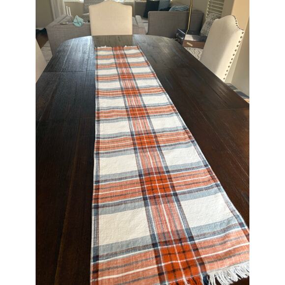Cotton Country Plaid w Fringe Table Runner 68"L X 13
”W Blue and Rust Farmhouse - Picture 3 of 3